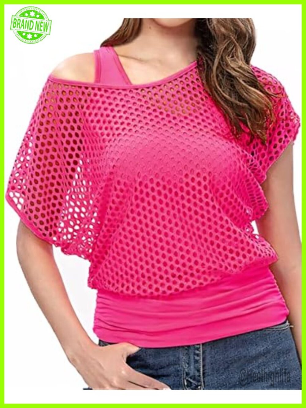 80s Two Piece Neon Fishnet Tank Top Off Shoulder Party Outfit